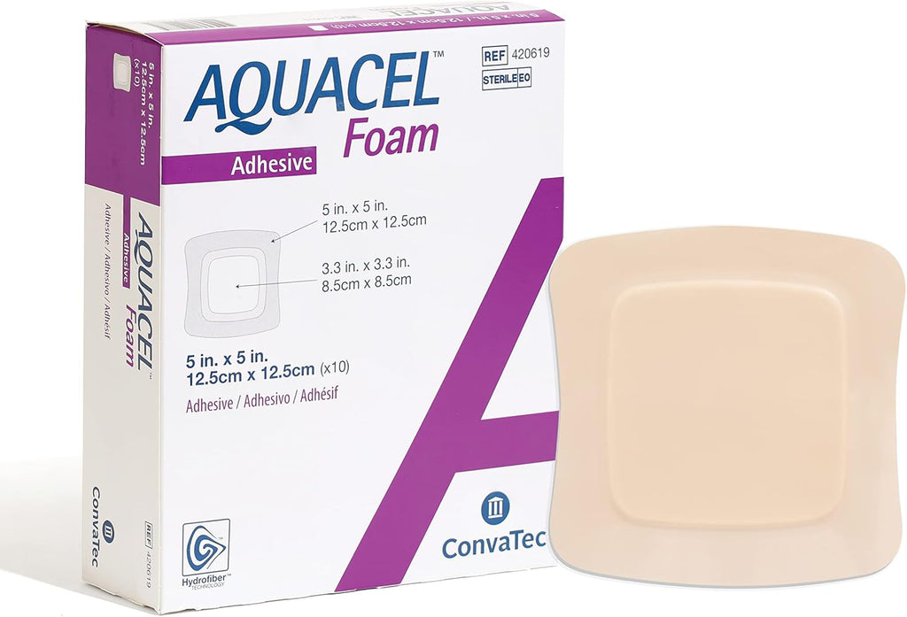 Convatec AQUACEL Foam 5"x5" Wound Dressing with Silicone Gel Adhesive, Waterproof, Flexible, Medical Grade with Hydrofiber Technology, Sterile, Square, 10ct Box