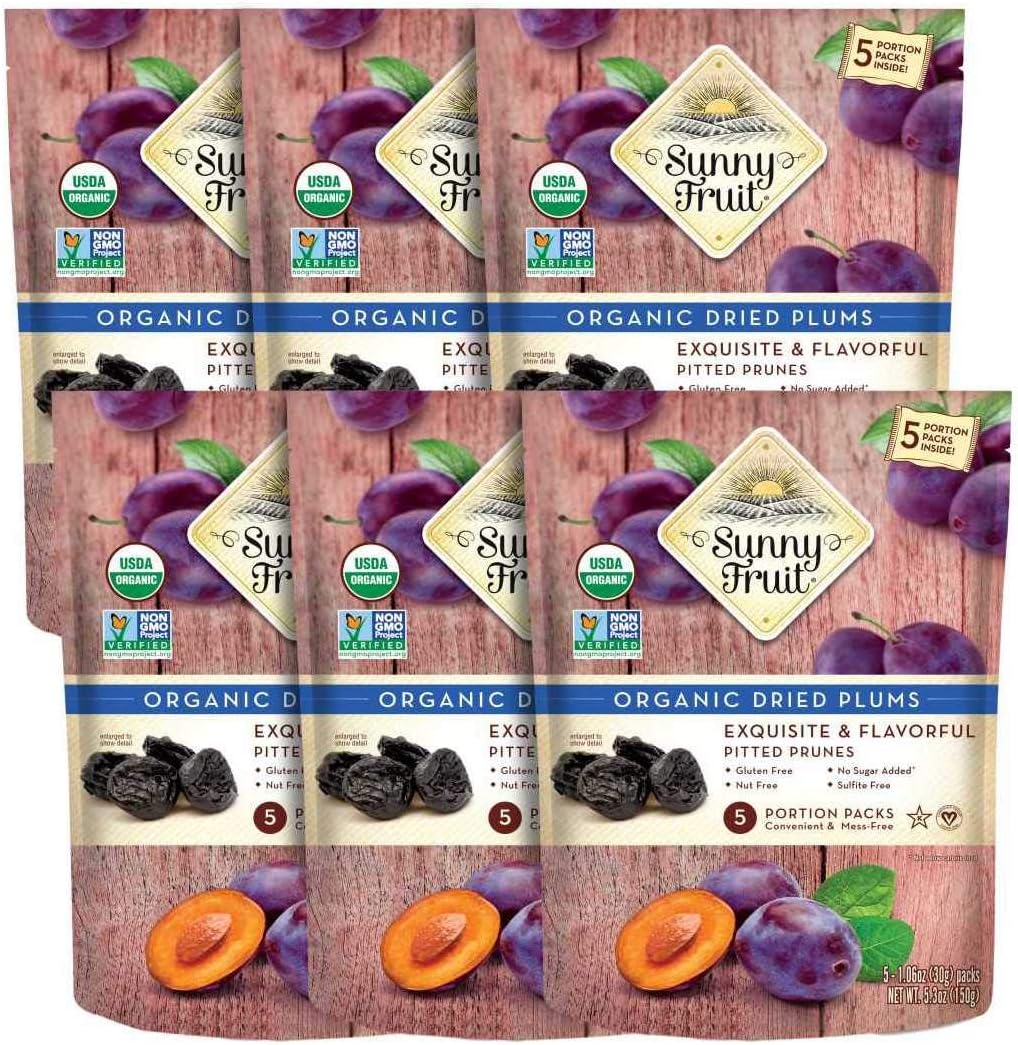 Sunny Fruit Soft Organic Prunes - 6 Bags (30 Individual Portion Packs) | No Preservatives, No Sugar Added | Healthy, Convenient Dried Plums Snack Packs | ORGANIC, NON-GMO, VEGAN, HALAL, KOSHER