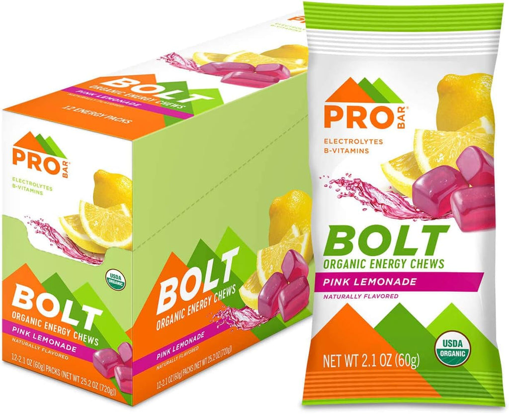 PROBAR Bolt Energy Chews for Running & Cycling – Organic Sports Nutrition Gummies with Electrolytes & B Vitamins, Fast Carb Endurance Fuel, Vegan Gluten Free Non-GMO, Pink Lemonade (12 Pack)