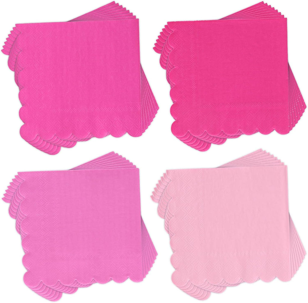 Whaline 200 Pack Hot Pink Cocktail Napkins Gradient Color Scalloped Beverage Napkins Disposable Paper Napkin with Scalloped Edges for Wedding Birthday Bridal Baby Shower Party Supplies