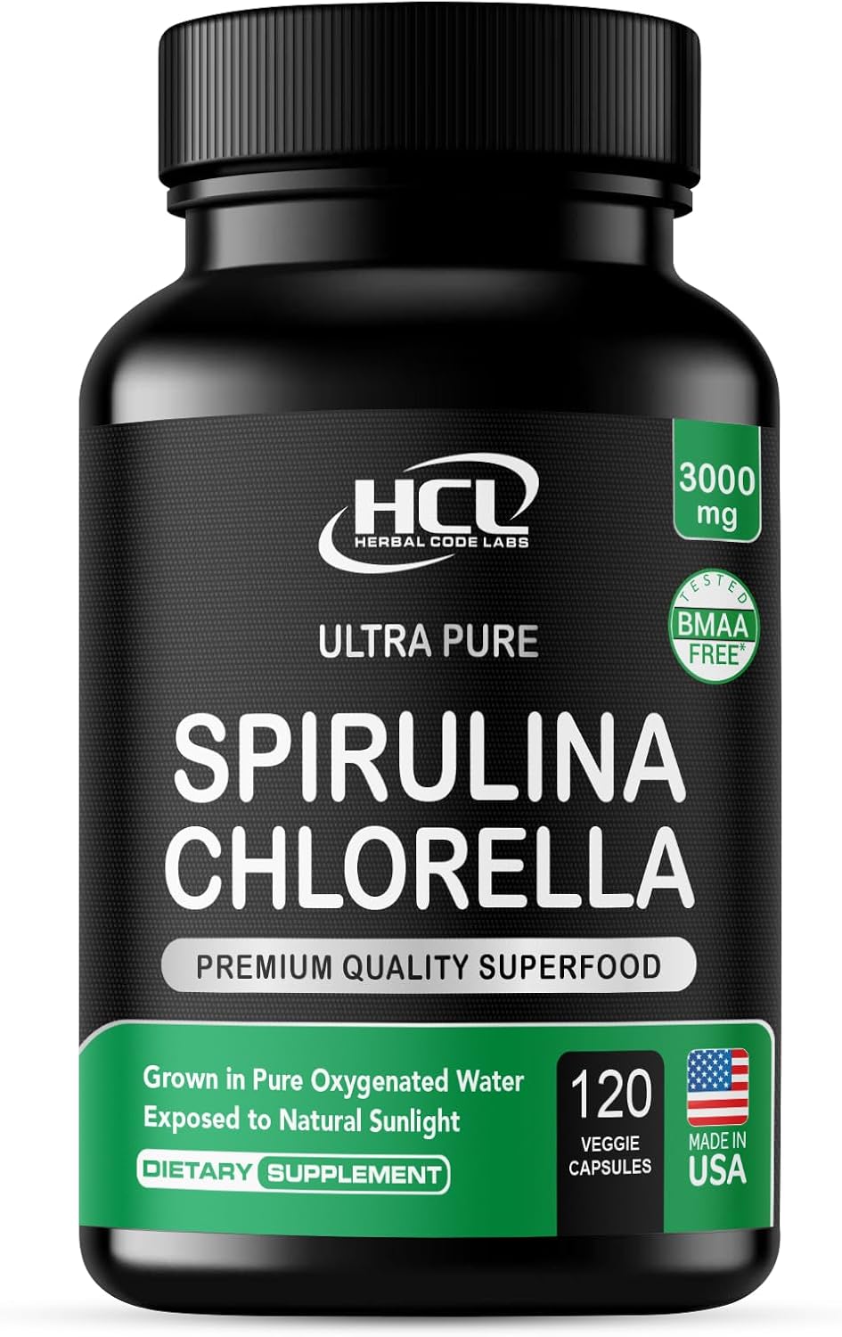Chlorella Spirulina Powder Capsules 3000 mg of BMAA Free Purest Blue Green Algae - Best Natural Detox Raw Vegan Vitamins Protein Green Superfood - Made in USA