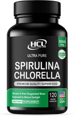 Chlorella Spirulina Powder Capsules 3000 mg of BMAA Free Purest Blue Green Algae - Best Natural Detox Raw Vegan Vitamins Protein Green Superfood - Made in USA