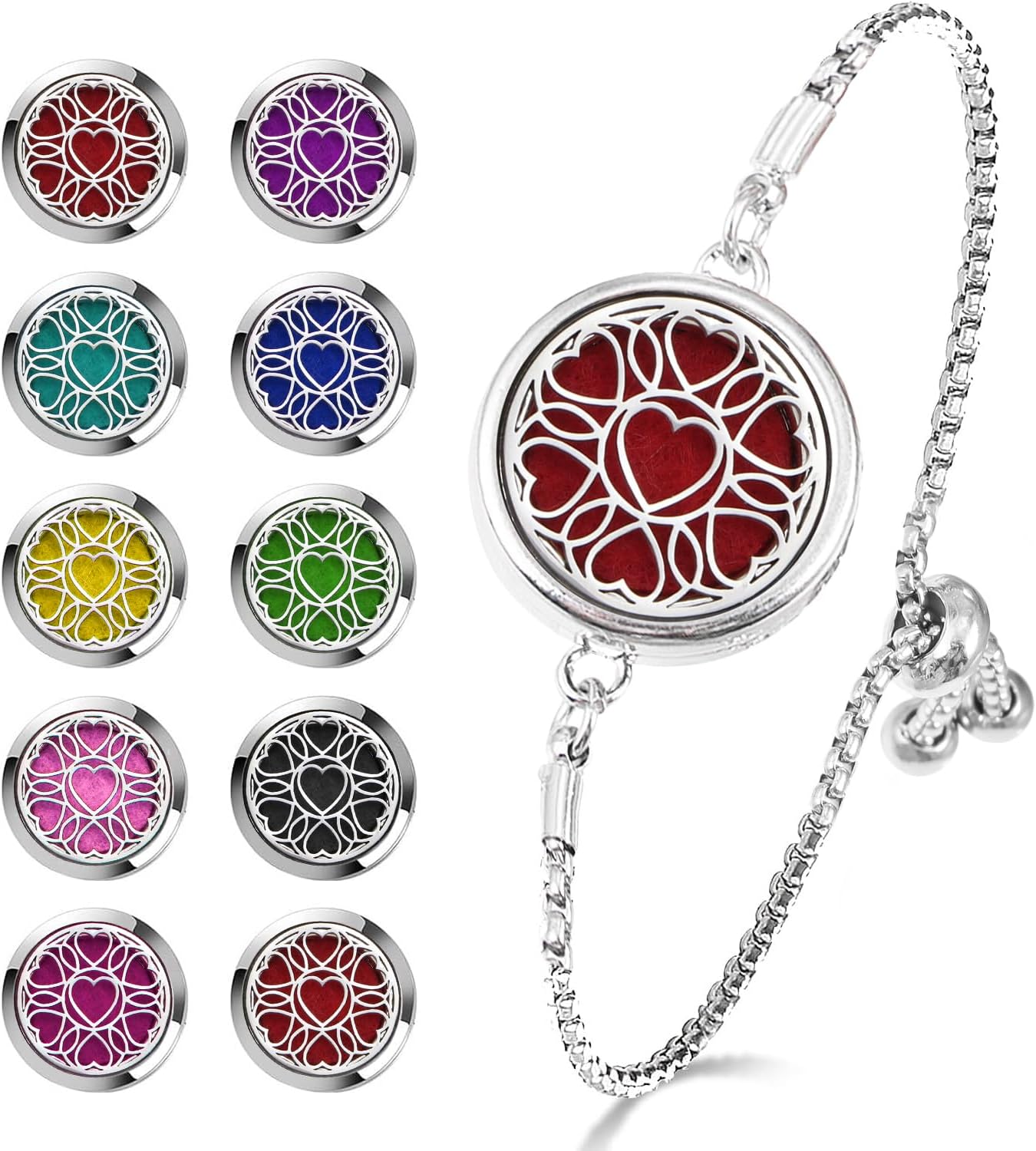 Essential Oil Diffuser Bracelet Aromatherapy Locket - Adjustable Stainless Steel Heart with 10 Pcs Refill Pads for Women Girls