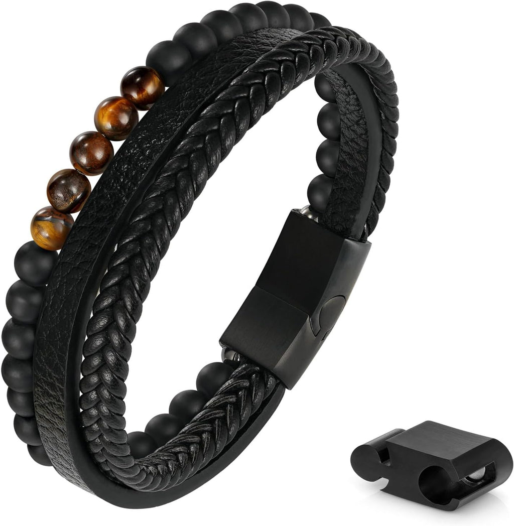 Leather Bead Bracelets for Men, Natural Tiger Eye Lava Rock Stone Bead Magnetic Clasp Adjustable Leather Bracelets Stress Relief Mens Anxiety Bracelet Mens Jewelry Gifts
