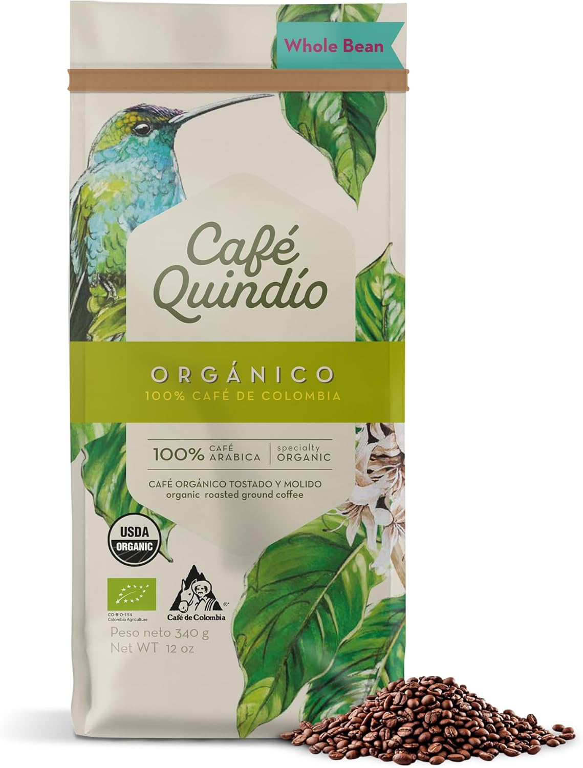Cafe Quindio Medium Roast 100% Colombian Excelso Whole Bean Arabica Coffee (12 Ounce (Pack of 1), Organic)