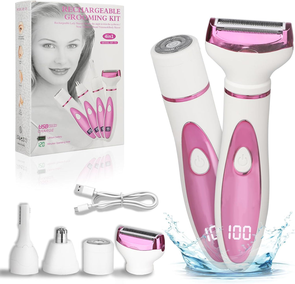 Electric Razor for Women Men,4 in 1 Painless Ladies Wet & Dry Body Razors and Facial Hair Remover,Rechargeable Led Display Hair Removal Kit for Nose Face Body Leg Bikini Arm Hair