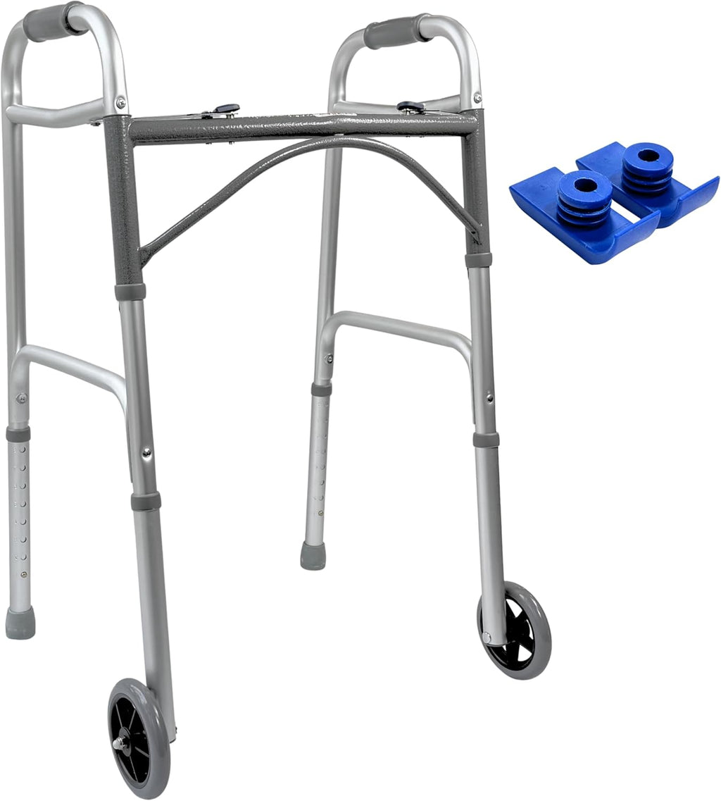 Foldable Lightweight Walker with 2 Wheels, Includes Ski Glides - Folding Design Ideal for Seniors and Elderly Adults - Adjustable for Tall Men and Women - Standing Handicap Mobility Aids