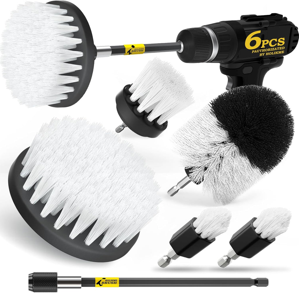 Holikme 6Pack Drill Brush Power Scrubber Cleaning Brush Extended Long Attachment Set All Purpose Drill Scrub Brushes Kit for Grout, Floor, Tub, Shower, Tile, Bathroom and Kitchen Surface White