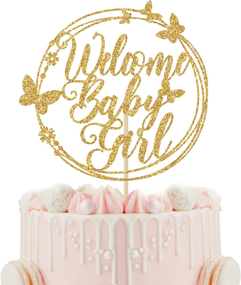 Welcome Baby Cake Topper, Baby Shower Cake Decorations - It's a Girl, Baby's 1st Birthday Party Decorations (Gold Glitter)