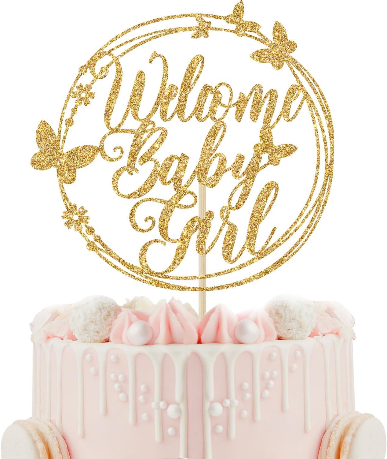 Welcome Baby Cake Topper, Baby Shower Cake Decorations - It's a Girl, Baby's 1st Birthday Party Decorations (Gold Glitter)