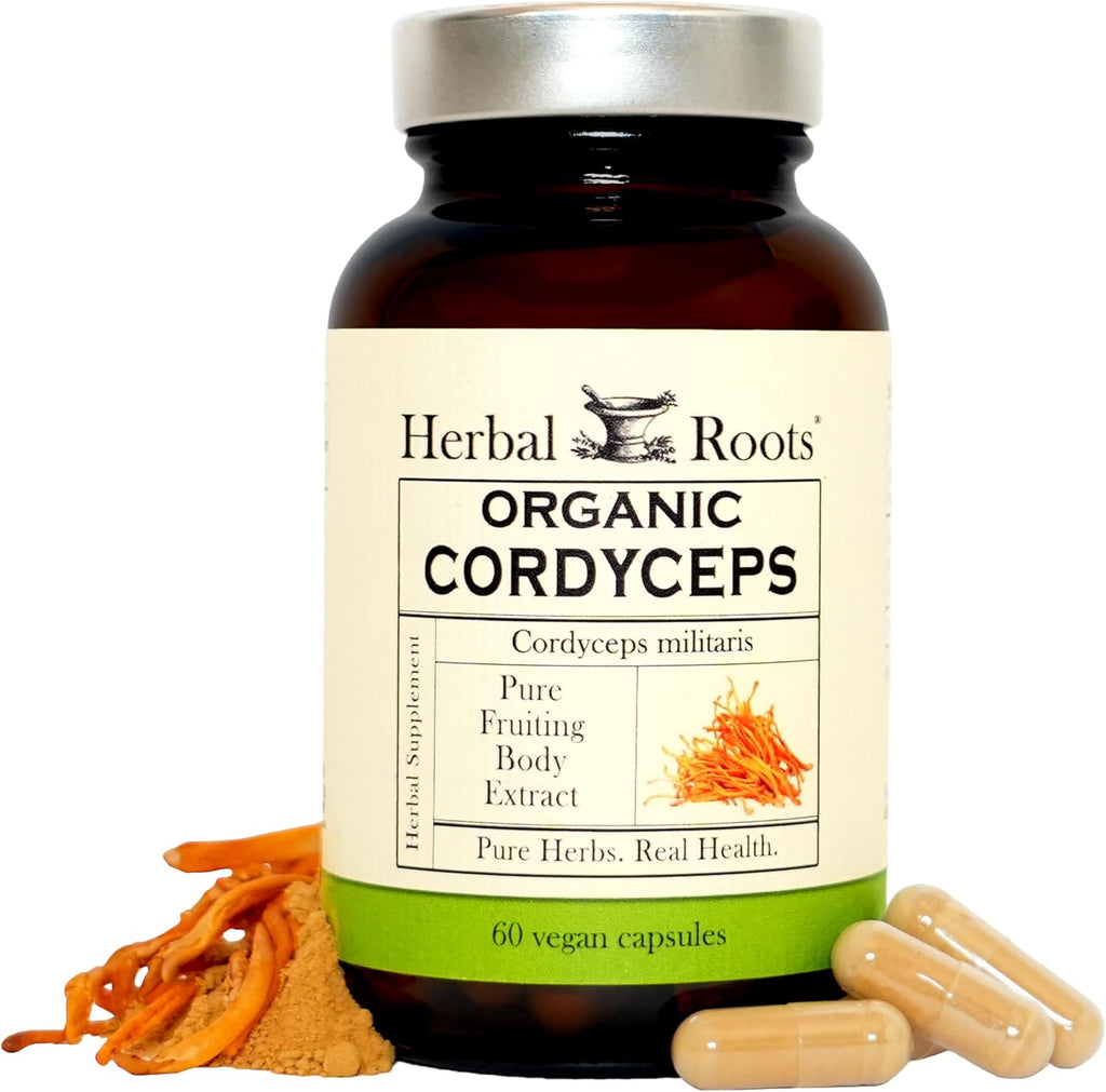 Herbal Roots Organic Cordyceps - Fruiting Body Extract Mushroom Capsules - Immune & Energy Support - 60 Vegan Capsules