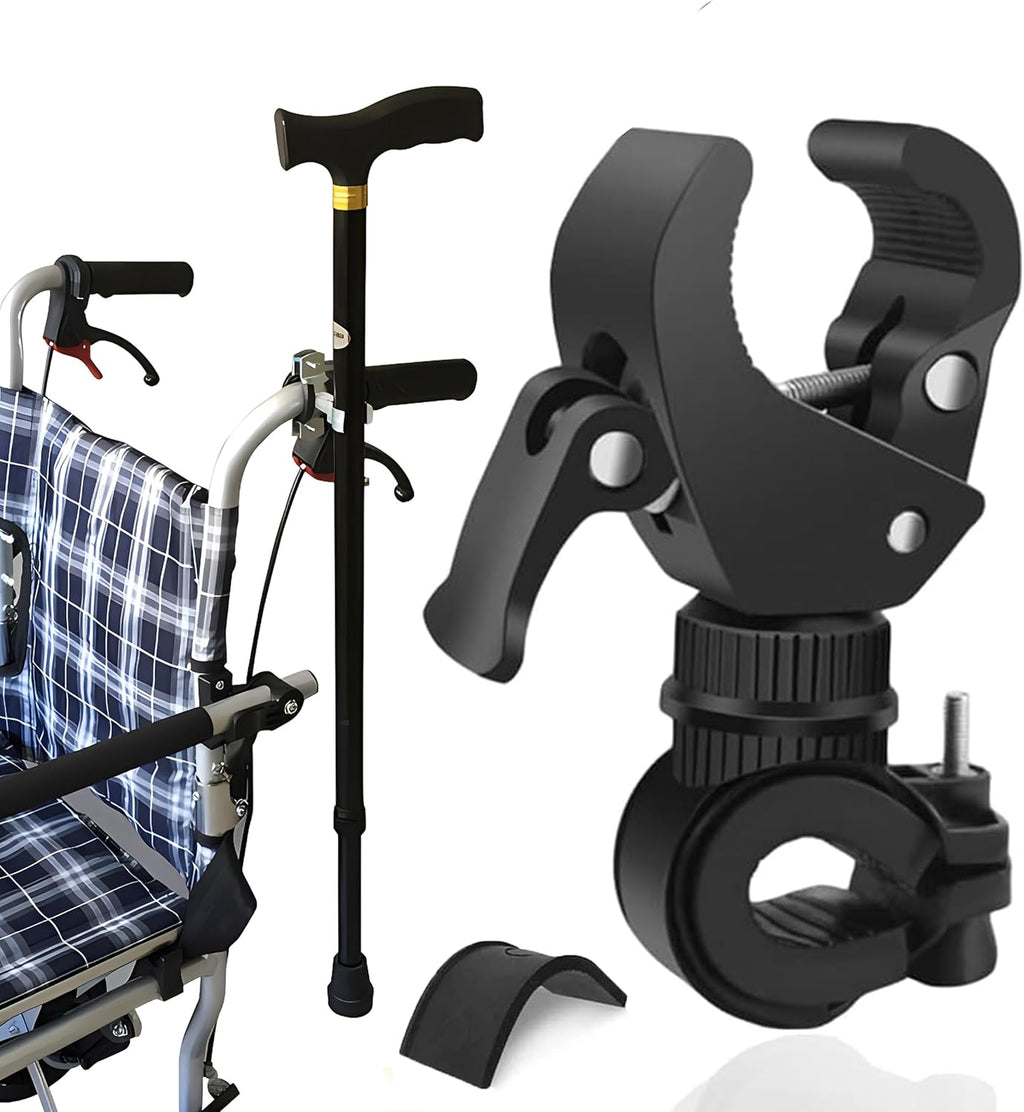 2Pcs Cane Holder for Walker,Wheelchair,Drive Rollator,Universal Crutches Stick Rack Bracket Accessories,360° Rotatable Adjustable Stick Rack,Clamping Diameter 0.8 - 1.38 inches