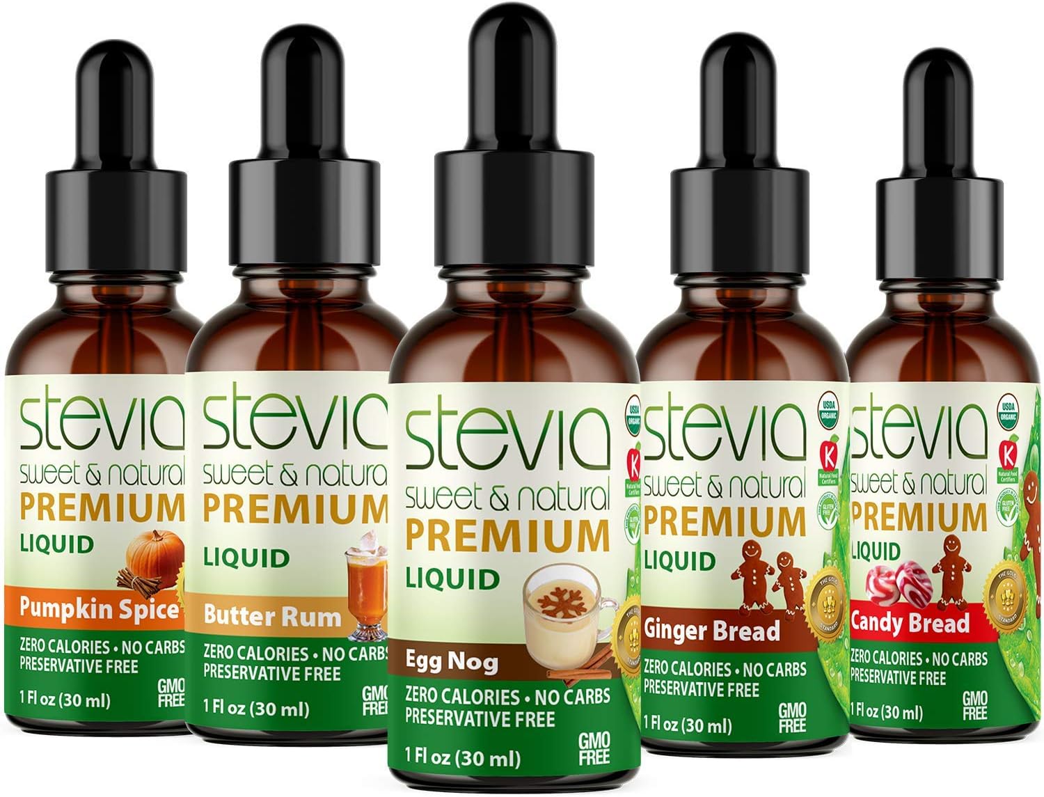 Stevia Intl - Holiday & Seasonal Special (Pack of 5). Premium Stevia Drops with 5 Flavors in Glass Bottles. 100% All-Natural Sweet, Non-Bitter, NON-GMO, Diabetic & Keto Friendly (1oz)