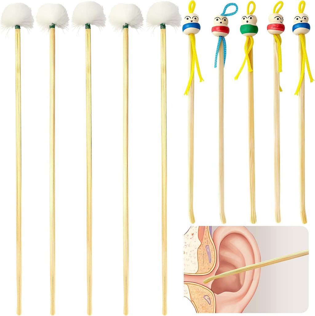 10 Pcs Bamboo Ear Cleaner Set - 5 Cute Doll Spoons & 5 Goose Feather Picks, Gentle Ear Wax Remover Tools for Adults/Kids, Chinese Style Home/Travel Kit