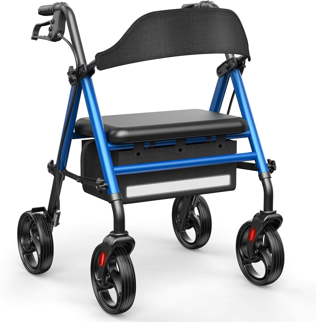 Foldable Rollator Walkers with Seat for Seniors, Thickened Flat Tube Frame, 350 lb Weight Capacity, Height Adjustable,8'' Big Wheels, Lightweight Rolling Walker,Blue
