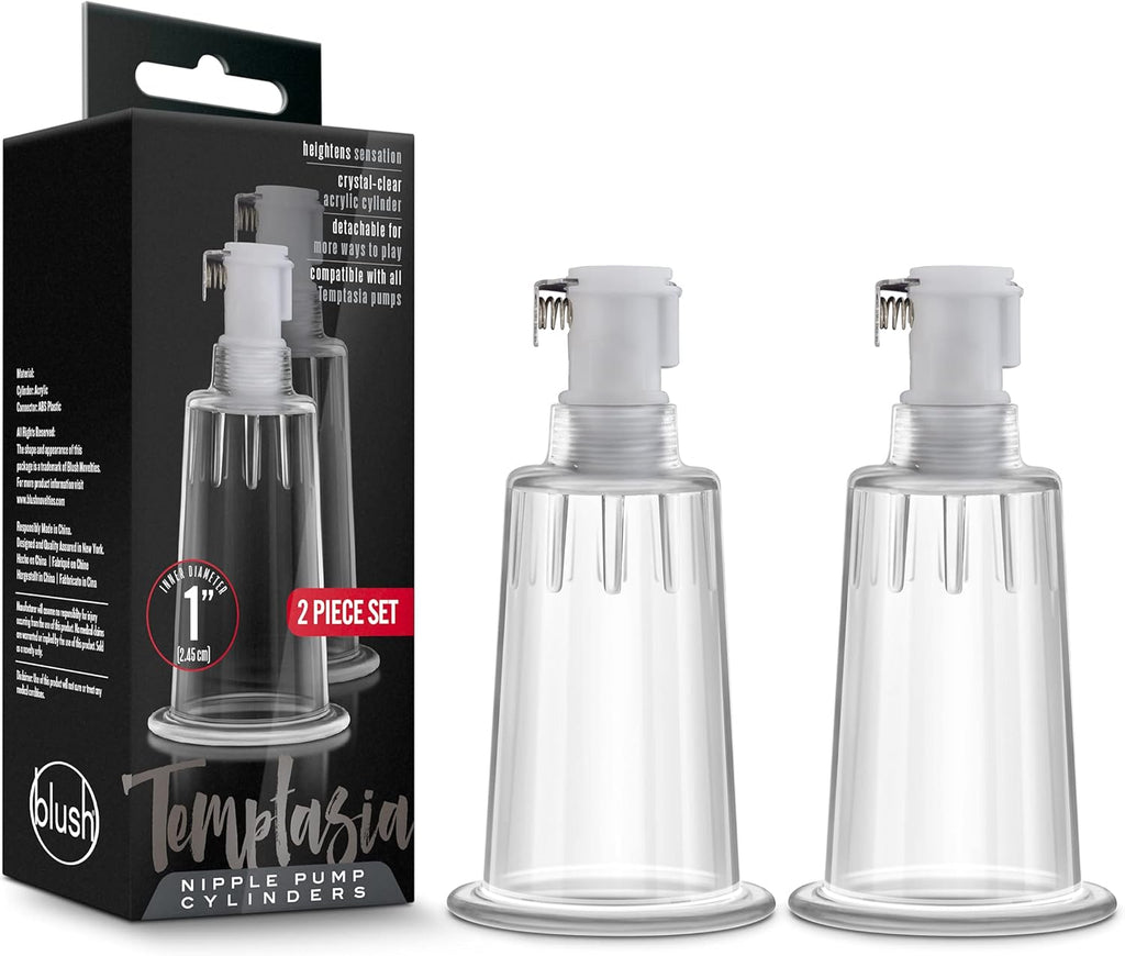 Blush Novelties Temptasia Nipple Pumping Cylinders - Set of 2-1 Inch Wide - Nterchange Compatible Replacement Upgrade for All Temptasia Nipple Pumps Sex Sexual Enhancing Toy for Women - Clear