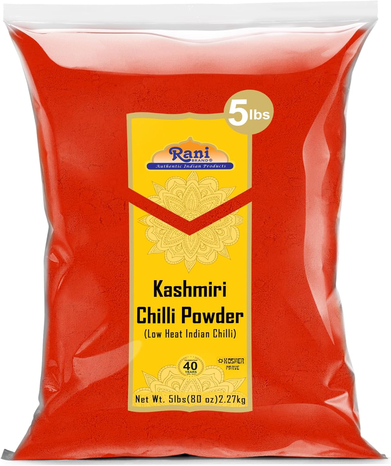 Rani Kashmiri Chilli Powder (Deggi Mirch, Low Heat) Ground Indian Spice 80oz (5lbs) 2.27kg Bulk ~ All Natural | Salt-Free | Vegan | No Colors | Gluten Friendly | NON-GMO | Kosher | Indian Origin