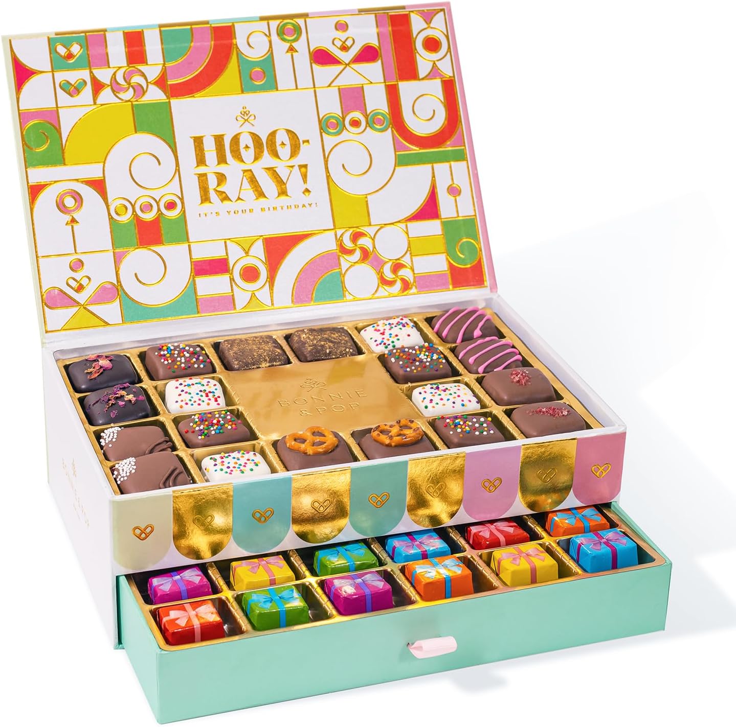 Birthday Gift Basket, Gourmet Candy Food Snack Box, Bday Him & Her, Men, Women, Family Party, Two-Tier Chocolate Gift Box with Assorted Belgian Truffles, 10+ Flavors, Bonnie and Pop (Birthday)