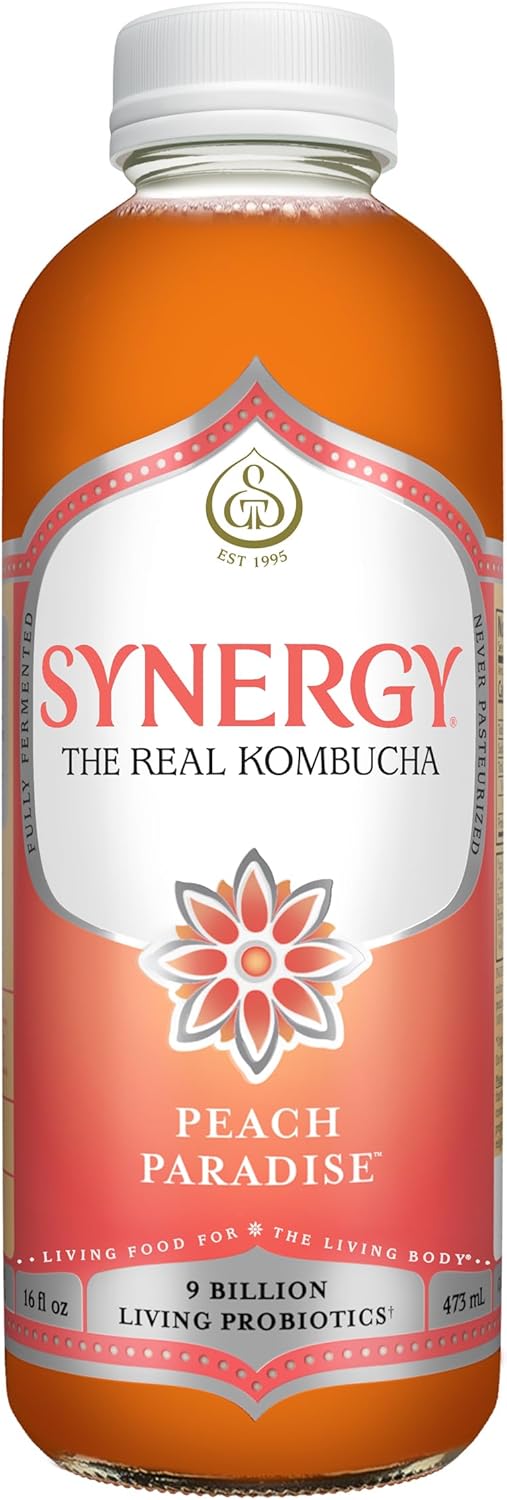 SYNERGY The Real Kombucha - Peach Paradise - 16 fl oz Bottle - Raw Probiotic Drink for Gut Health and Immune Support