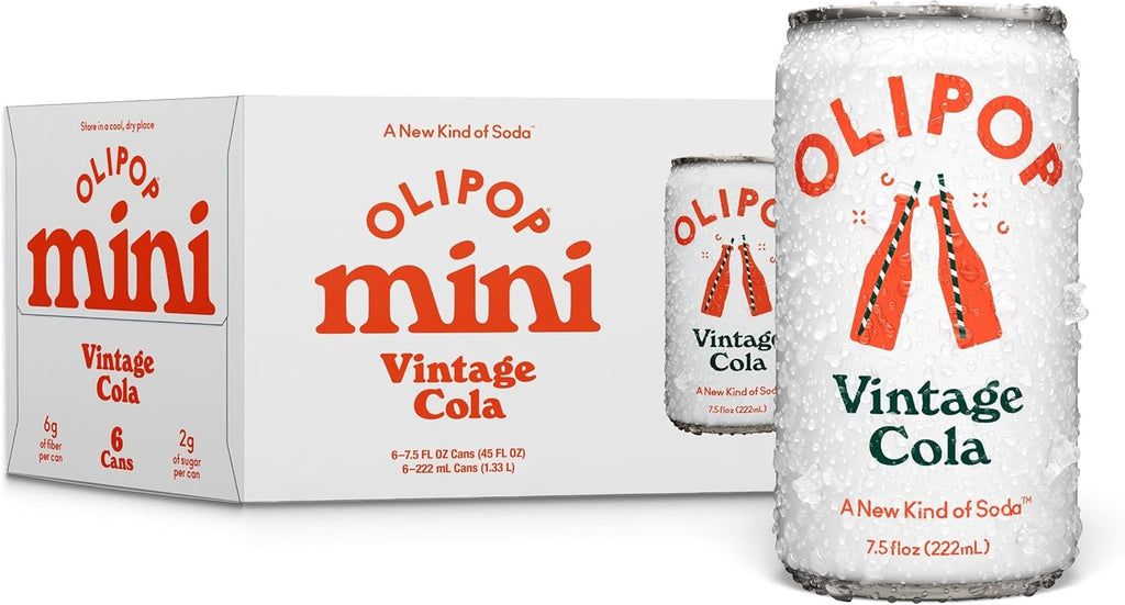 OLIPOP Minis Prebiotic Soda Pop, Vintage Cola, Pantry Pack Packed with Prebiotics, Fiber, and Botanicals, Gluten Free, GMO Free, 7.5oz (6-Cans)