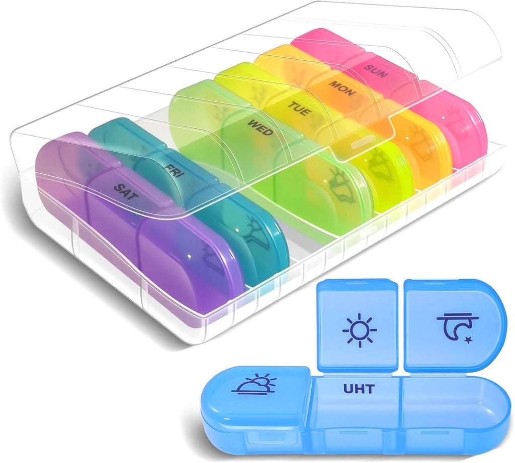 Weekly Pill Organizer 3 Times a Day – 7 Day Medicine Pill Organizer and Travel Pill Box with Large Openings, Elegant Pill Case for Easy Use – Morning Noon Evening Compartments for Pills, Vitamins