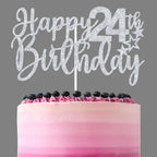 Sliver Glitter Happy 24th Birthday Cake Topper, Cheers to 24 Years/Hello 24/Twenty Four, Funny 24th Birthday Party Decorations for Women Men