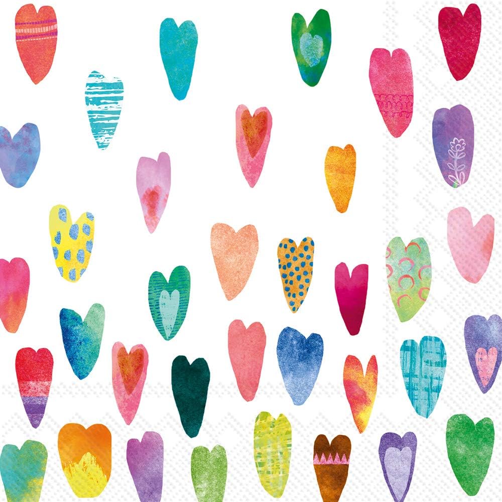 Boston International - C844300 Boston International IHR 3-Ply Cocktail Beverage Paper Napkins, 5 x 5-Inches, Rainbow Hearts