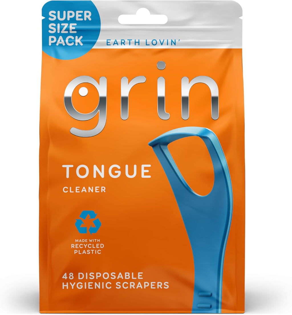GRIN Tongue Cleaner, 48 Count, Disposable Tongue Cleaner, Hygienic Scraper, Recycled Plastic, Clean Tongue, Promote Fresh Breath, Includes Safe Fold- Back Tooth Pick