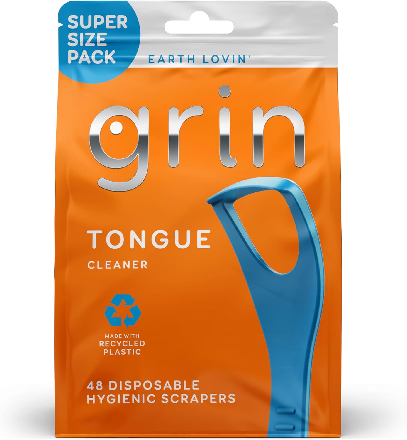 GRIN Tongue Cleaner, 48 Count, Disposable Tongue Cleaner, Hygienic Scraper, Recycled Plastic, Clean Tongue, Promote Fresh Breath, Includes Safe Fold- Back Tooth Pick