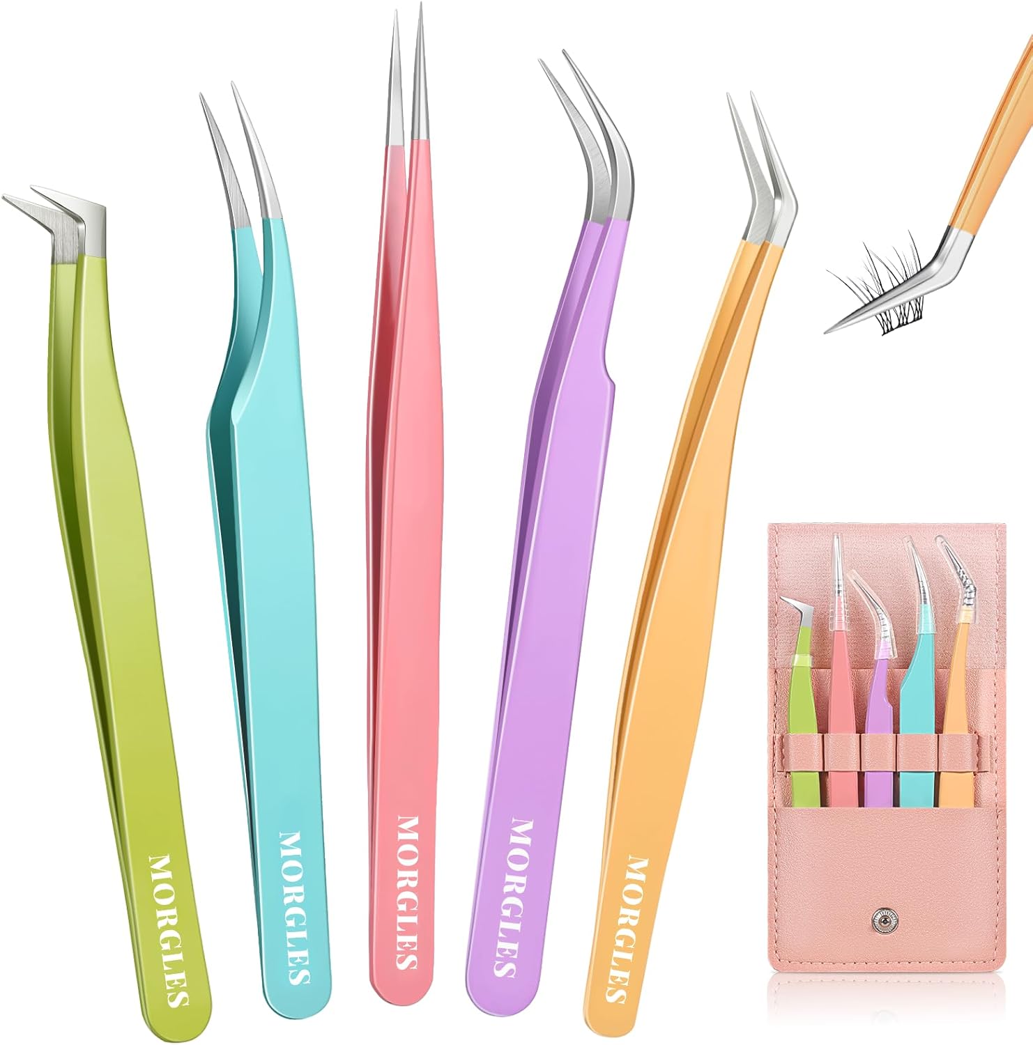 MORGLES High Precision Lash Tweezers Set for Eyelash Extensions, 5 in 1 Eyelash Extension Tweezers for Girls, Women, Professional Lash Extension Artists & Beginners