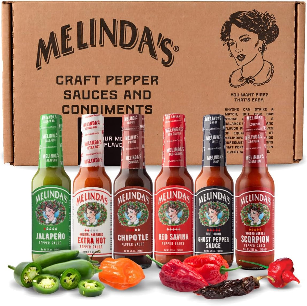 Melinda’s Pepper Sauce Challenge Collection - Extra Spicy Gourmet Hot Sauce Gift Set - Includes Jalapeño, Extra Hot Habanero, Chipotle, Red Savina, Ghost, Scorpion - 5 oz, 6 Pack