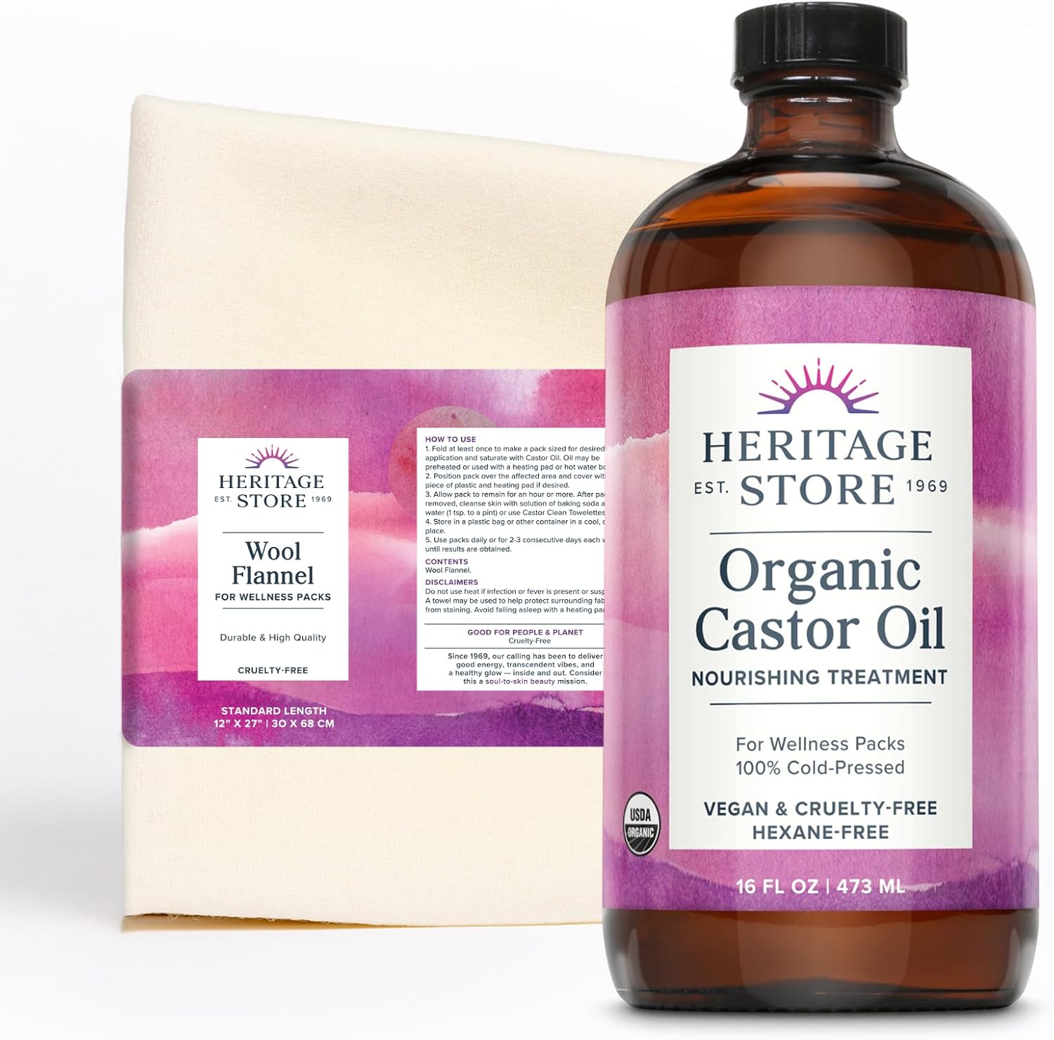 HERITAGE STORE Organic Castor Oil Pack Wrap Kit - Soothing Castor Oil Packs, Heat Compress for Abdomen, Joints, Overall Health - 16oz Cold Pressed Organic Castor Oil and 12 x 27 in. Wool Flannel Cloth