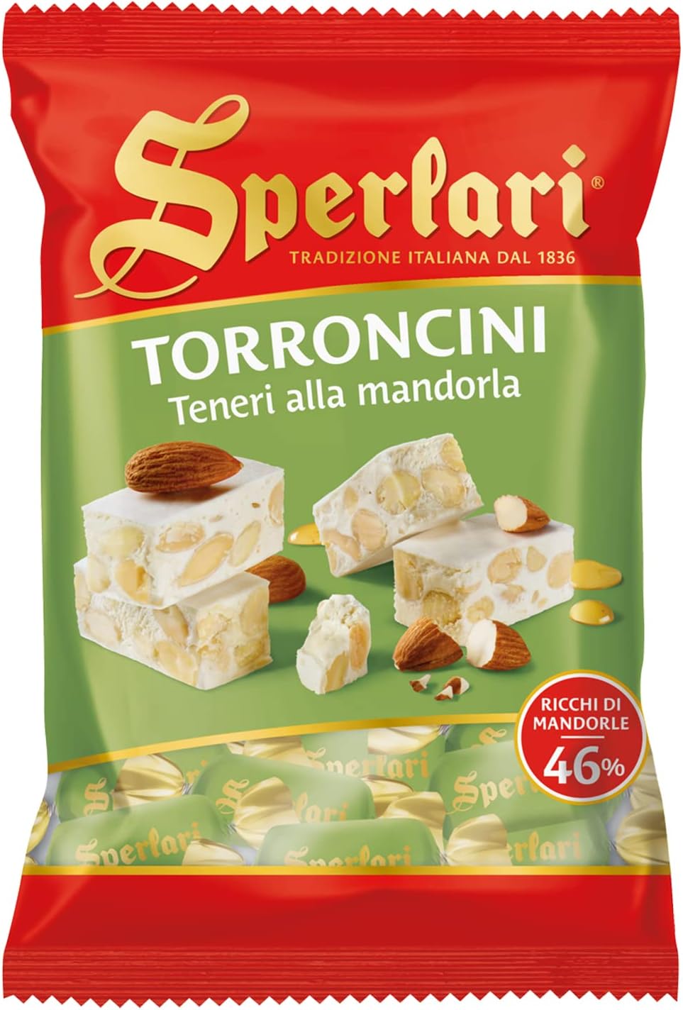 Sperlari Torrone Traditional Italian Candy - Gourmet Soft Nougat With Crunchy Sliced Almonds & Honey - Travel Size Imported European Bagged Candy Individually Wrapped - 117 gr / 4.12 oz (Pack of 1)