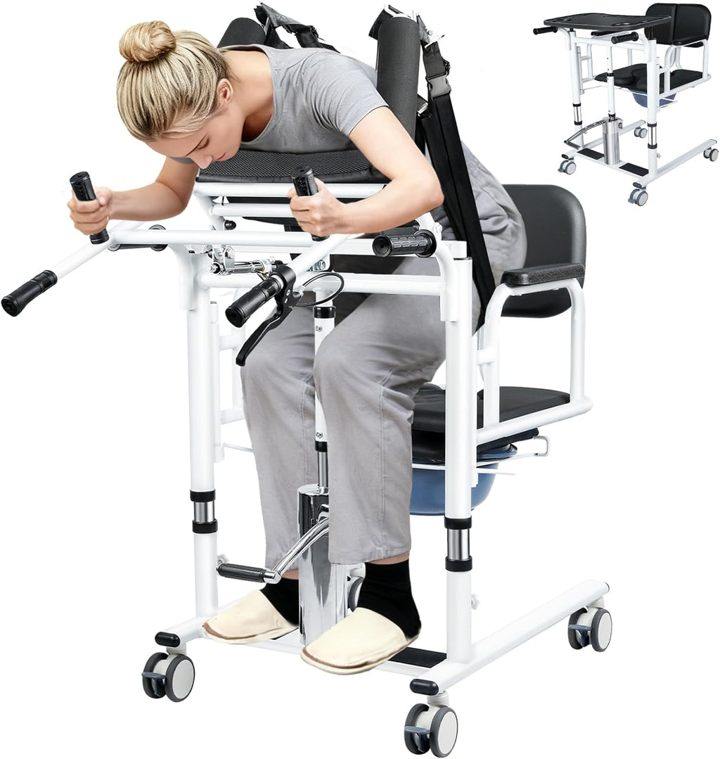 Drexo Patient Lift Transfer Chair, 5 in 1 Patient Lift Chair with 180°Split Seat, Height Adjustable Patient Transfer Chair with 4 Casters for Home Seniors Elderly, Load 450Lbs (Style A, Black)