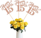 12 Pack Happy 15th Birthday Party Decorations, Glitter Happy 15th Birthday Centerpiece Sticks for Table, 15 Fabulous Table Toppers for 15th Birthday Anniversary Party Table Decorations Rose Gold