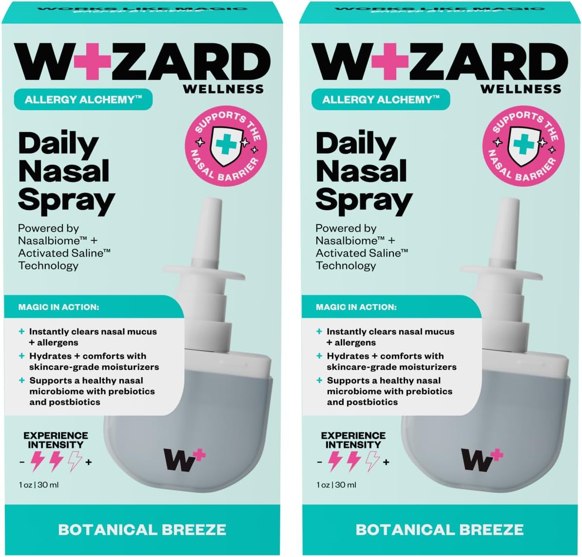 WIZARD WELLNESS Daily Saline Nasal Spray | Triple-Action Hydration & Mucus Cleansing Allergy Mist | Activated Saline & Nasalbiome Postbiotics | Eucalyptus Scent | Drug-Free | 2-Pack