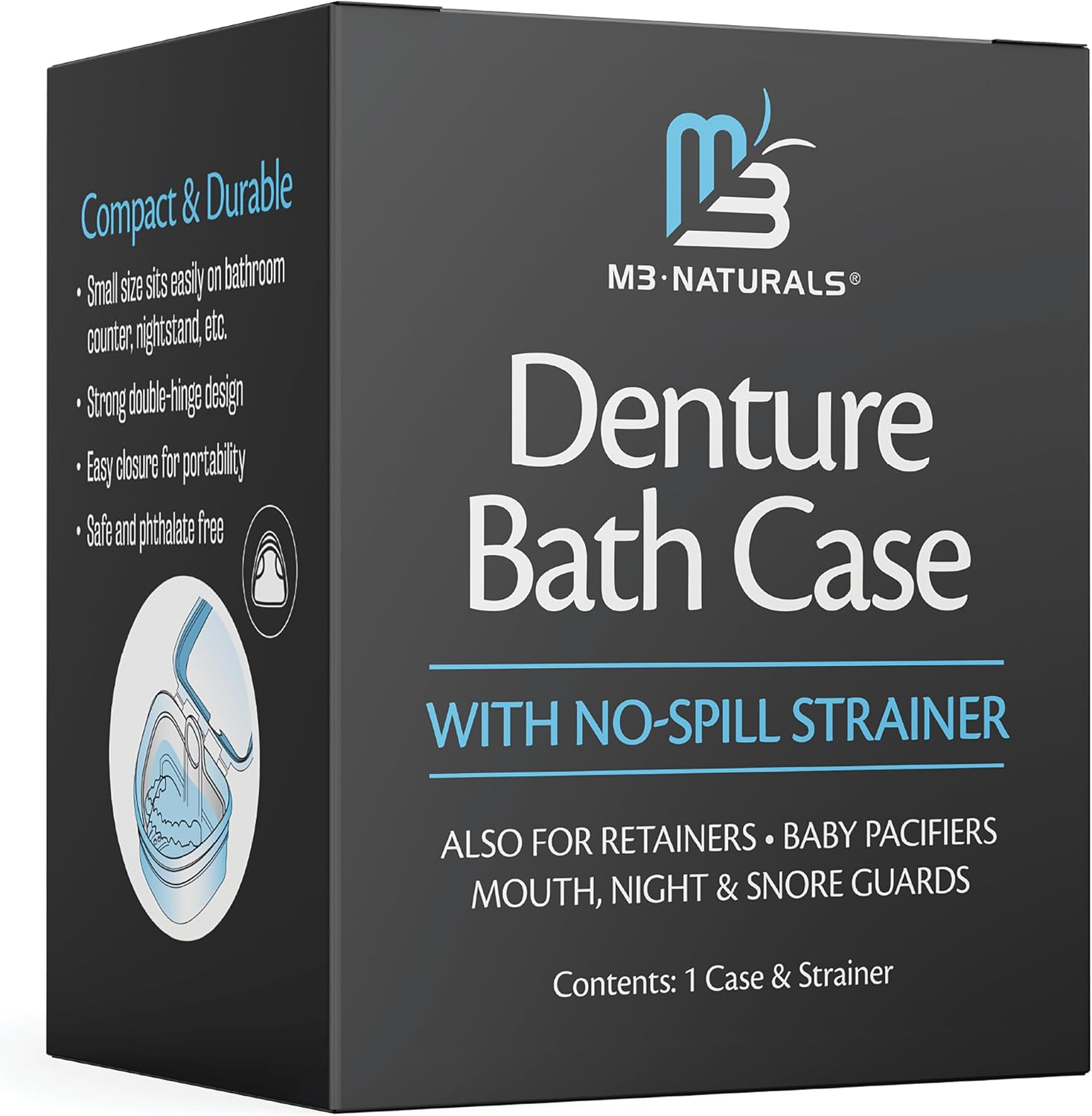 Denture Bath Case and Retainer Case, Denture Bath Cup for Invisalign Retainers Mouthguards Dentures Cleaner Kit with Strainer Spill-Free Portable Retainer Cleaner Case by M3