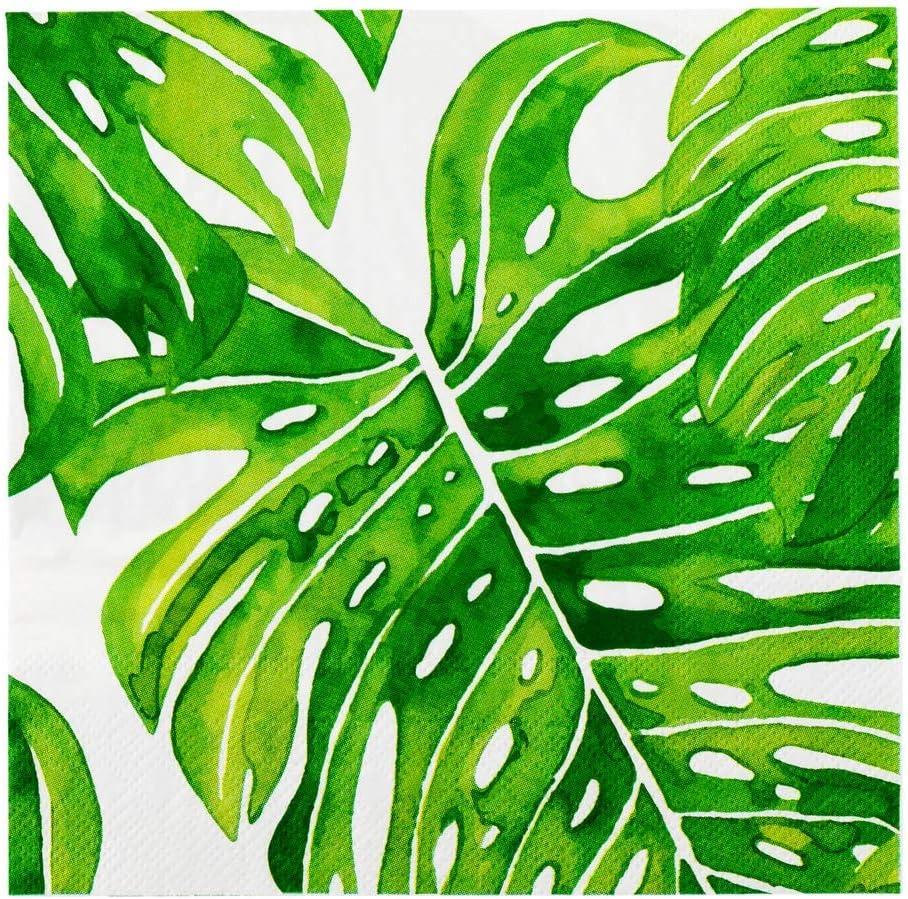 13 Inch Paper Luncheon Napkins, 20 Tropical Leaves Design Printed Napkins - 3-Ply, Textured Edges, White Paper Decorated Napkins, Soft And Strong, For Parties Or Catering Events - Restaurantware