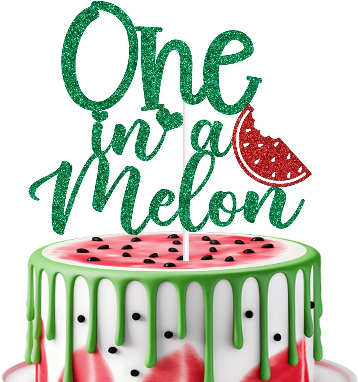 Green Glitter One in a Melon Cake Topper, Summer Watermelon One Cake Décor, Watermelon Baby's 1st Birthday Party Decorations
