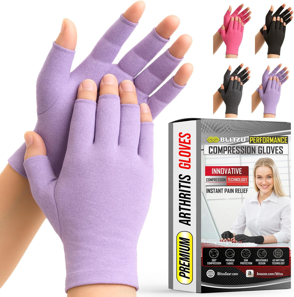 Compression Arthritis Gloves for Women and Men, Fingerless Rheumatoid Arthritis Carpal Tunnel Pain Relief Gloves, Hand Support Wrist Brace for Tendonitis Swelling Crocheting Typing Neuropathy Purple M