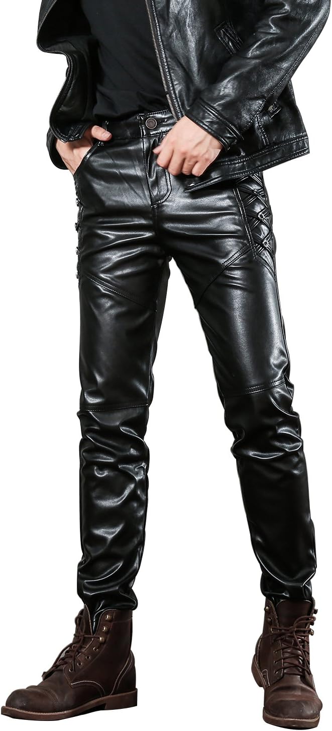 Idopy Men`s Black Slim Fit Soft PU Faux Leather Biker Pants