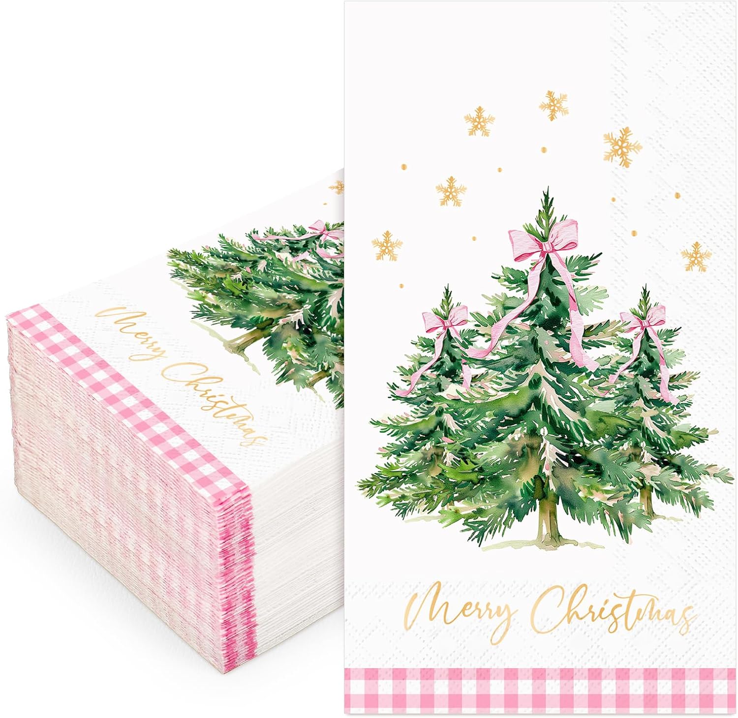 Whaline 100Pcs Christmas Guest Napkin Pink Bow Xmas Tree Disposable Paper Napkins Gold Foil Snowflake Dinner Hand Napkins for Party Table Supplies
