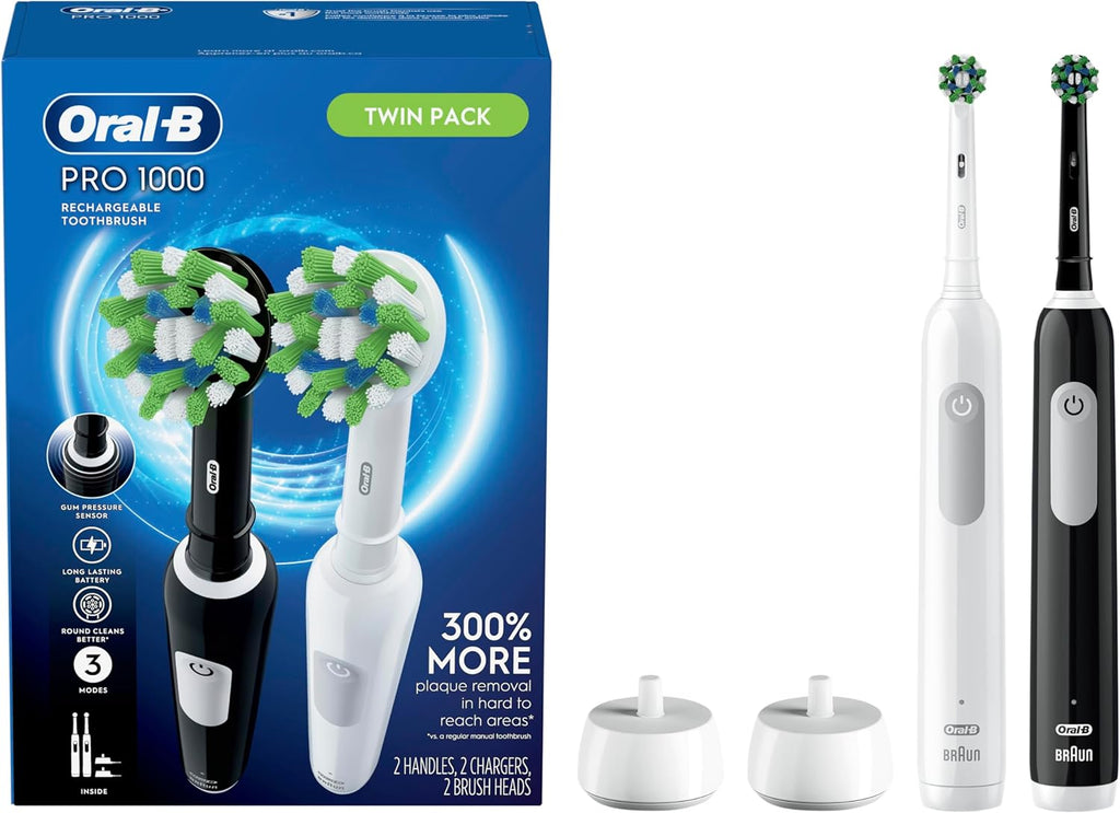Oral-B Pro 1000 CrossAction Electric Toothbrush, Black and White, 2 Count