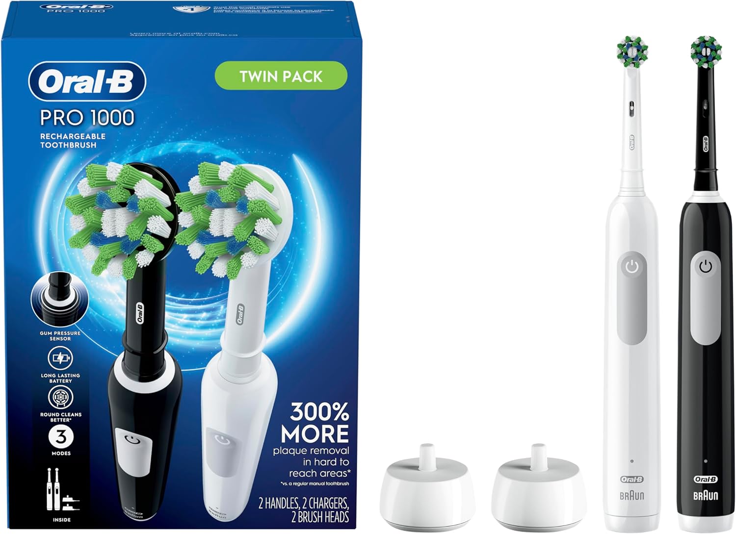 Oral-B Pro 1000 CrossAction Electric Toothbrush, Black and White, 2 Count