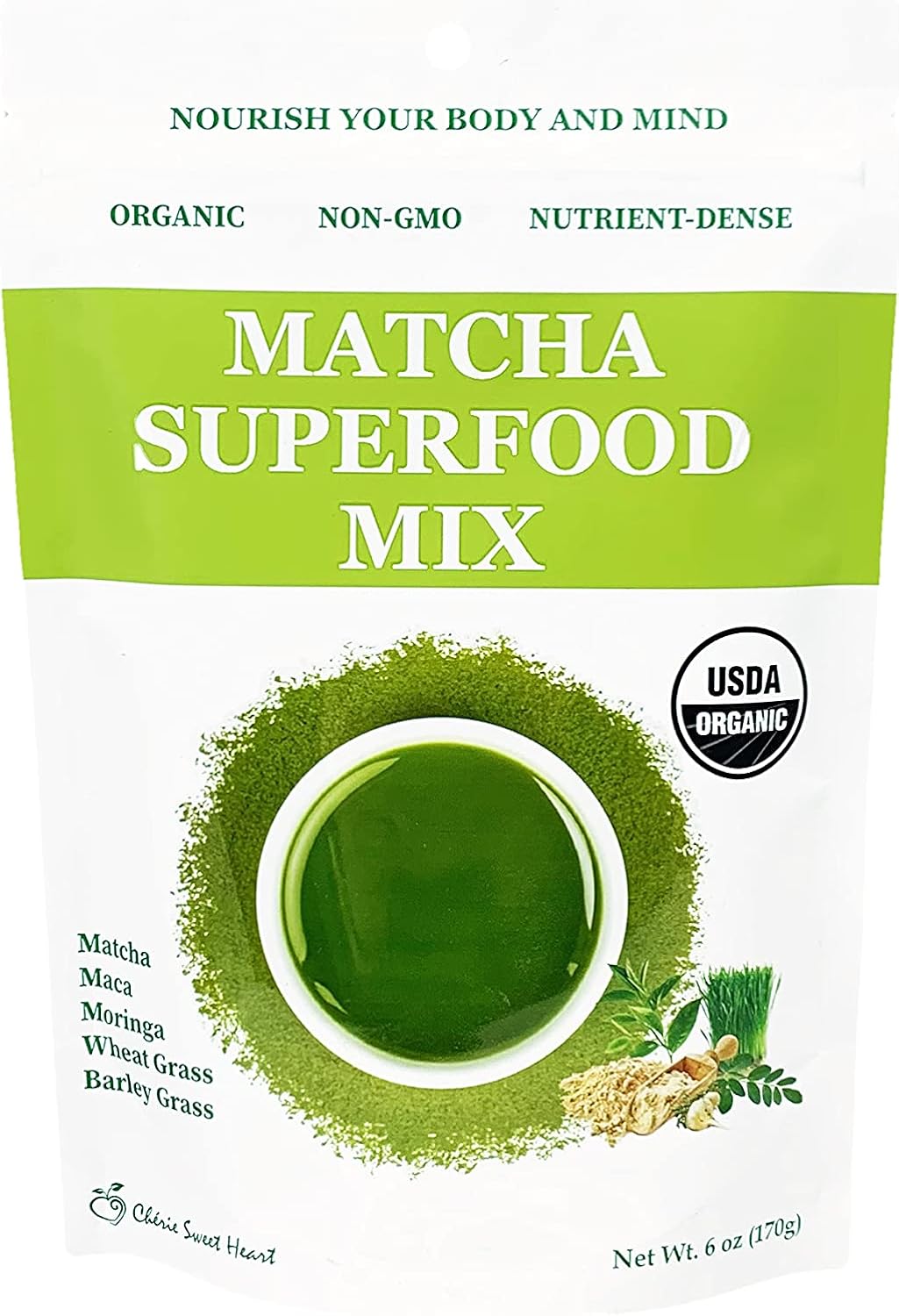 Cherie Sweet Heart Matcha Powder Green Superfood Mix, Non-GMO Mixed Greens, Plant Based, Focus & Energy, Organic Green Tea Powder, Natural Caffeine Drink Mix (6oz, 34 Servings) (Packaging May Vary)