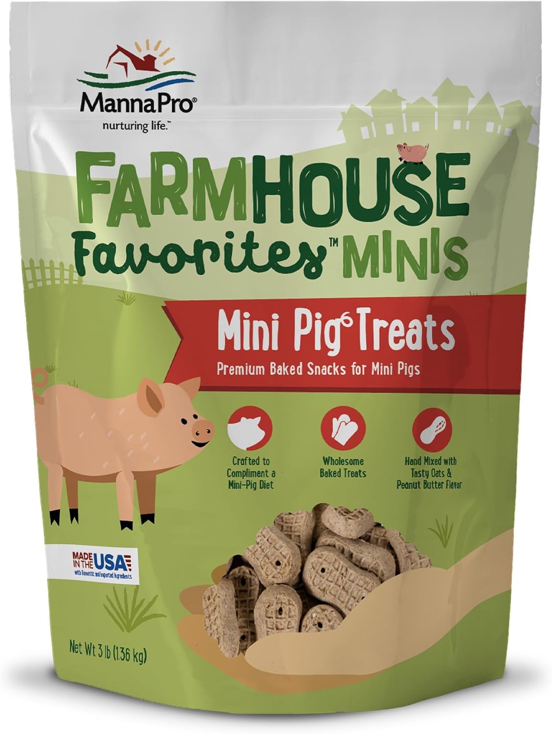 Manna Pro Farmhouse Favorites Mini Pig Treats, Baked Snack for Mini and Teacup Pigs, Hand-Mixed, Peanut Butter Flavored, Supports Training and Bonding, Premium Treats for Small Pigs, 3 lb Bag