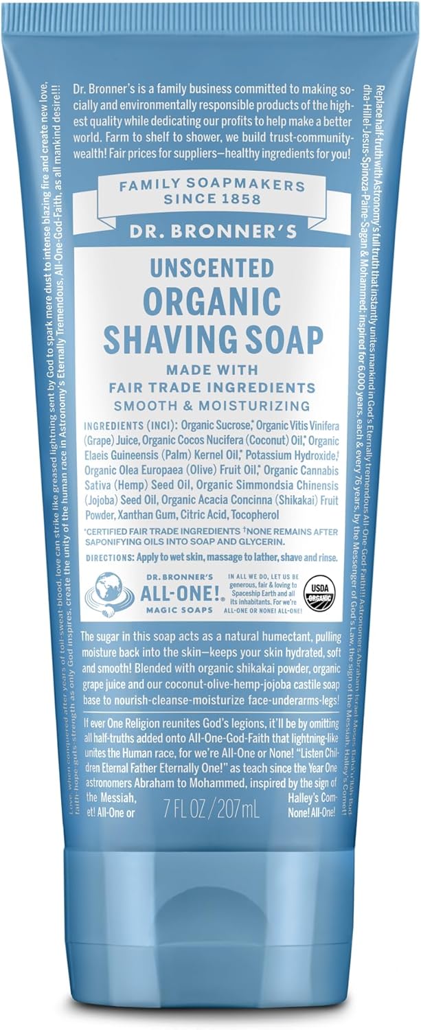 Dr. Bronner's - Organic Shaving Soap (Unscented, 7 Ounce) - Certified Organic, Sugar and Shikakai Powder, Soothes and Moisturizes for Close Comfortable Shave, Use on Face, Underarms and Legs