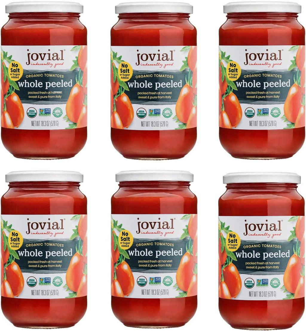 Jovial Whole Peeled Tomatoes - Organic Tomatoes, Non-Gmo, Usda Certified Organic, No Additives, Bpa-Free, No Added Sugar, No Salt Added, Recyclable Glass, Made In Italy - 18.3 Oz, 6 Pack