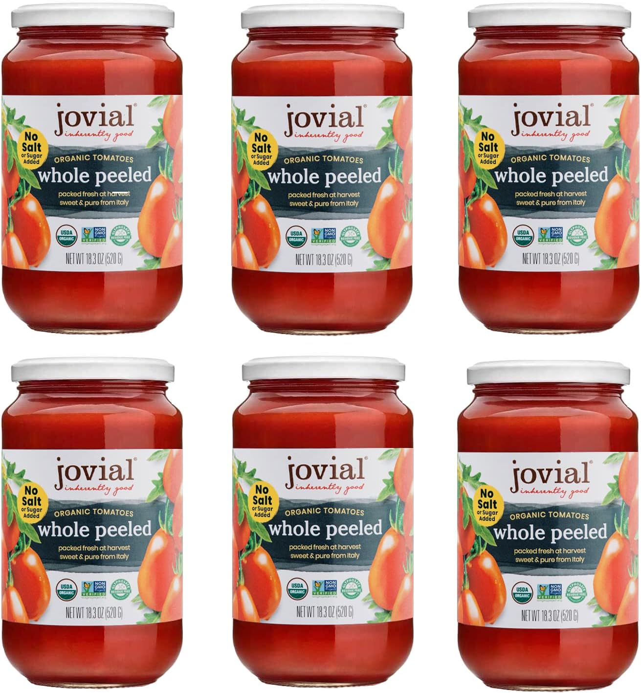 Jovial Whole Peeled Tomatoes - Organic Tomatoes, Non-Gmo, Usda Certified Organic, No Additives, Bpa-Free, No Added Sugar, No Salt Added, Recyclable Glass, Made In Italy - 18.3 Oz, 6 Pack