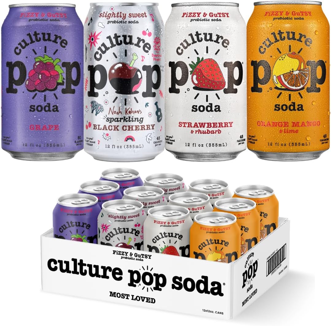 Culture Pop Soda, Most Loved Variety Pack, Probiotic Low Sugar Soda, Sparkling Juice Alternative, Non-GMO, Kosher, Gluten-Free, No Stevia (12pk)